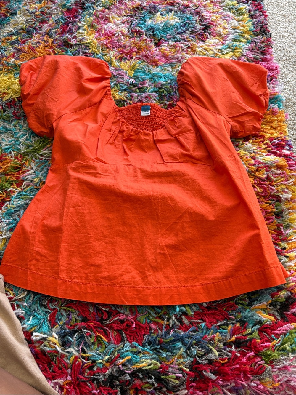 Old Navy Orange Puff-Sleeve Smocked-Neck Top